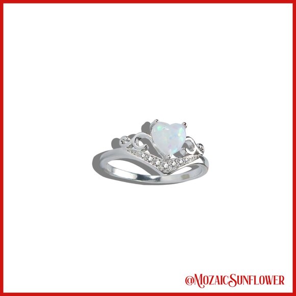 WHITE OPAL HEART SOLITAIRE SILVER METAL DECORATIVE DETAIL RING SIZE 6 NWT - Picture 4 of 8